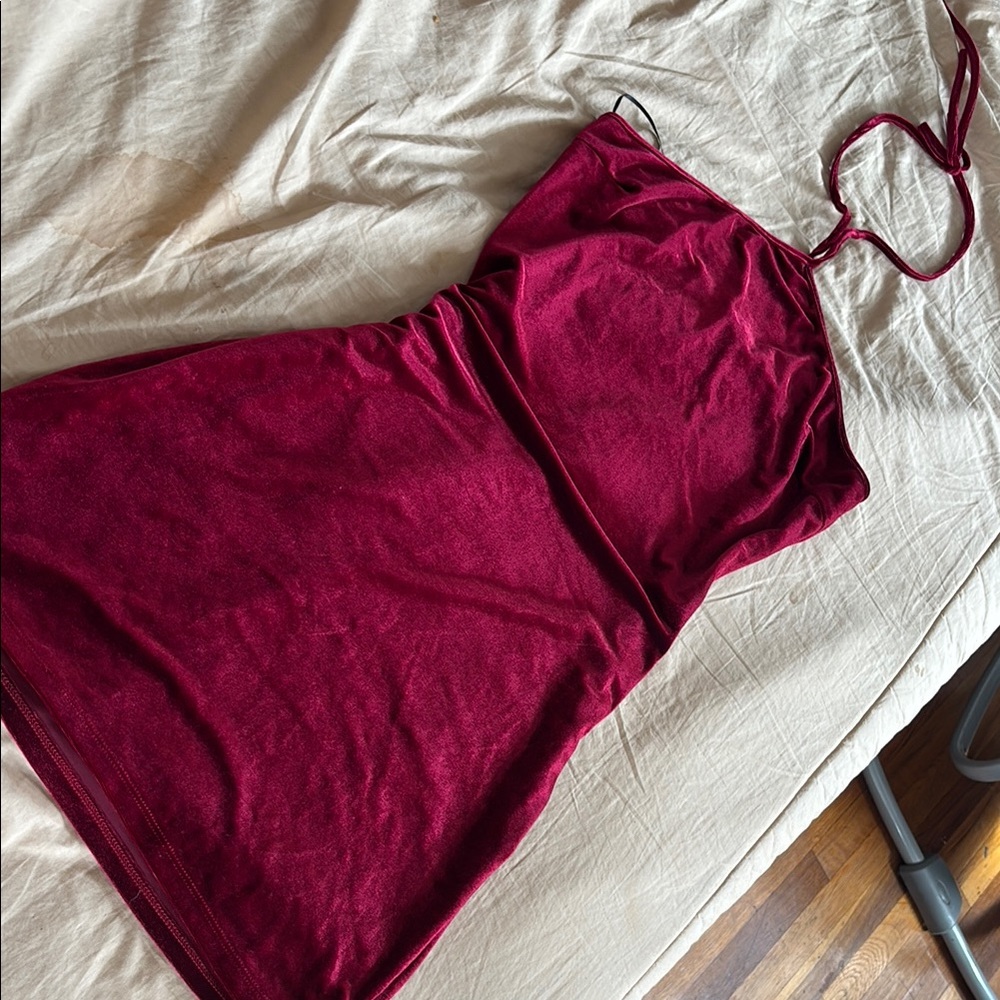 Stylish Burgundy Velvet Halter Dress